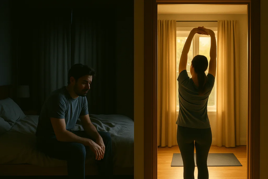 a bright sunny window and a person stretching beside it
