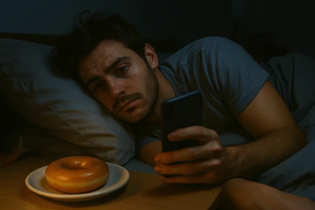 ying in bed, staring at their phone with tired eyes
