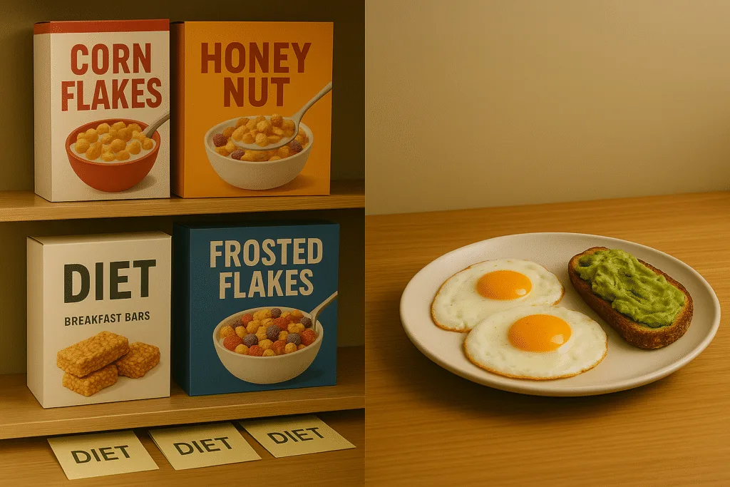 A shelf full of boxed cereals and “diet”